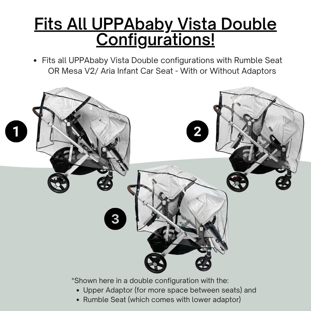 SASHA'S Double Rain and Wind Cover Made for UPPAbaby Vista V2/V3 Double Stroller System w/RumbleSeat - Clear, Ventilation Holes, Maximum Coverage, Made in USA (Stroller not Included)