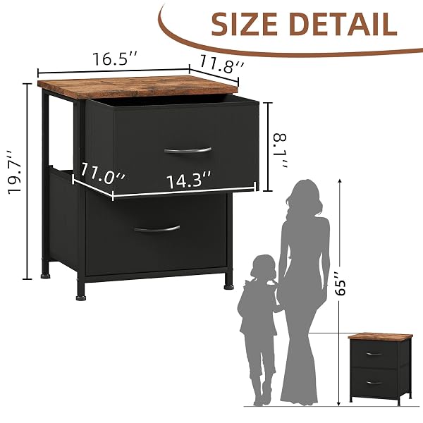 SOMDOT NIGHTSTAND, SMALL 2 DRAWER DRESSER END TABLE, CHEST OF DRAWERS, BEDSIDE TABLE NIGHT STAND END TABLE WITH FABRIC BINS FOR BEDROOM KIDS CLOSET DORM GUEST ROOM, BLACK RUSTIC BROWN