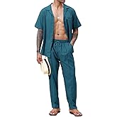 Lexiart 2 Piece Set for Men Beach Outfits Cuban Collar Button Down Shirt Darwstring Pants