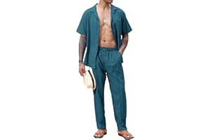 Lexiart 2 Piece Set for Men Beach Outfits Cuban Collar Button Down Shirt Darwstring Pants