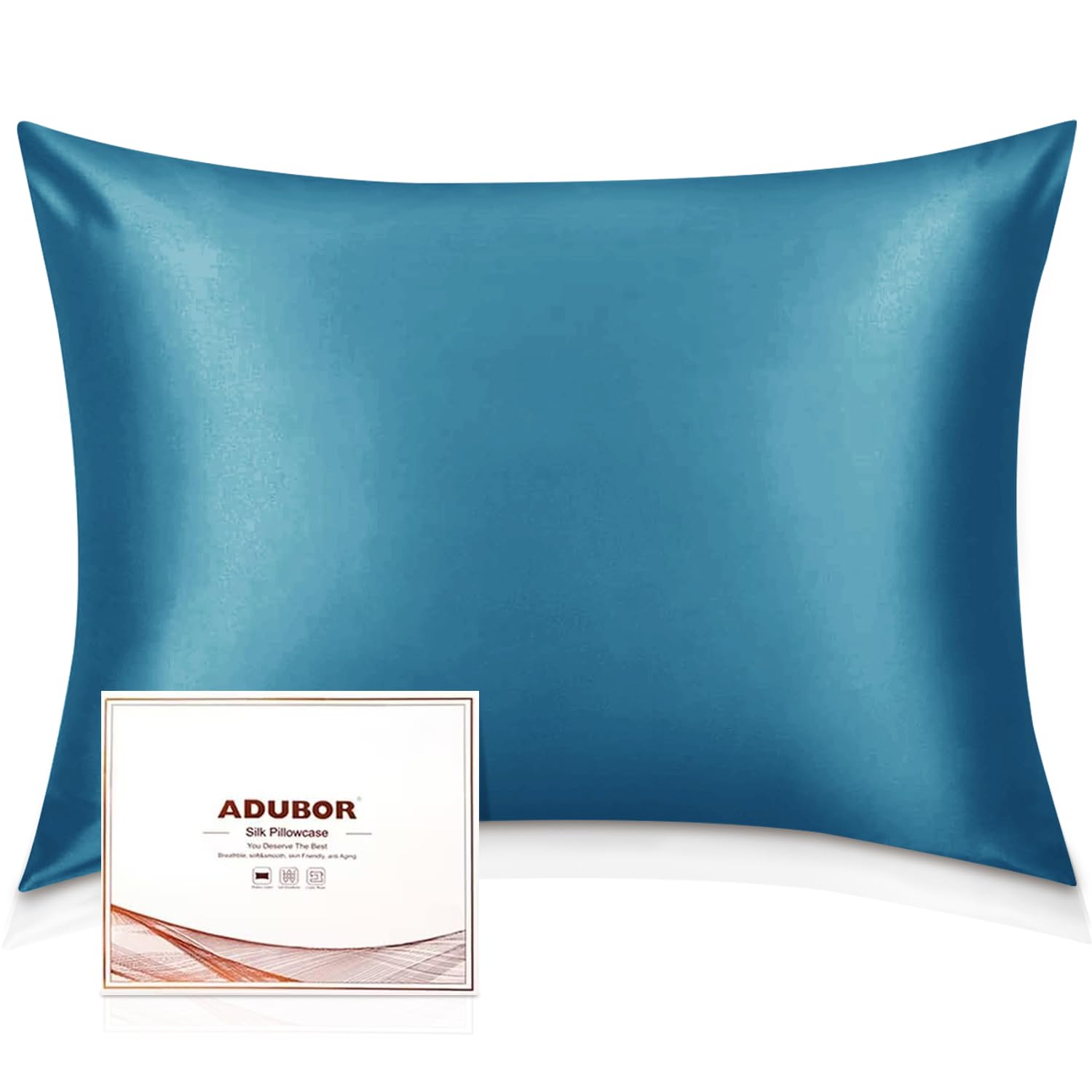 Adubor 100% Silk Pillowcase for Hair and Skin with Hidden Zipper, Both Side 22 Momme Silk,900 Thread Count (50x75CM, Peacock Blue, 1pc) — image 1