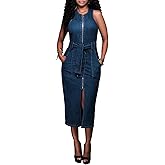 ECDAHICC Women's Sexy Jeans Dress Sleeveless Tank Denim Bodycon Dress Slit Belted Summer Blue Zipper Party Club Midi Dress