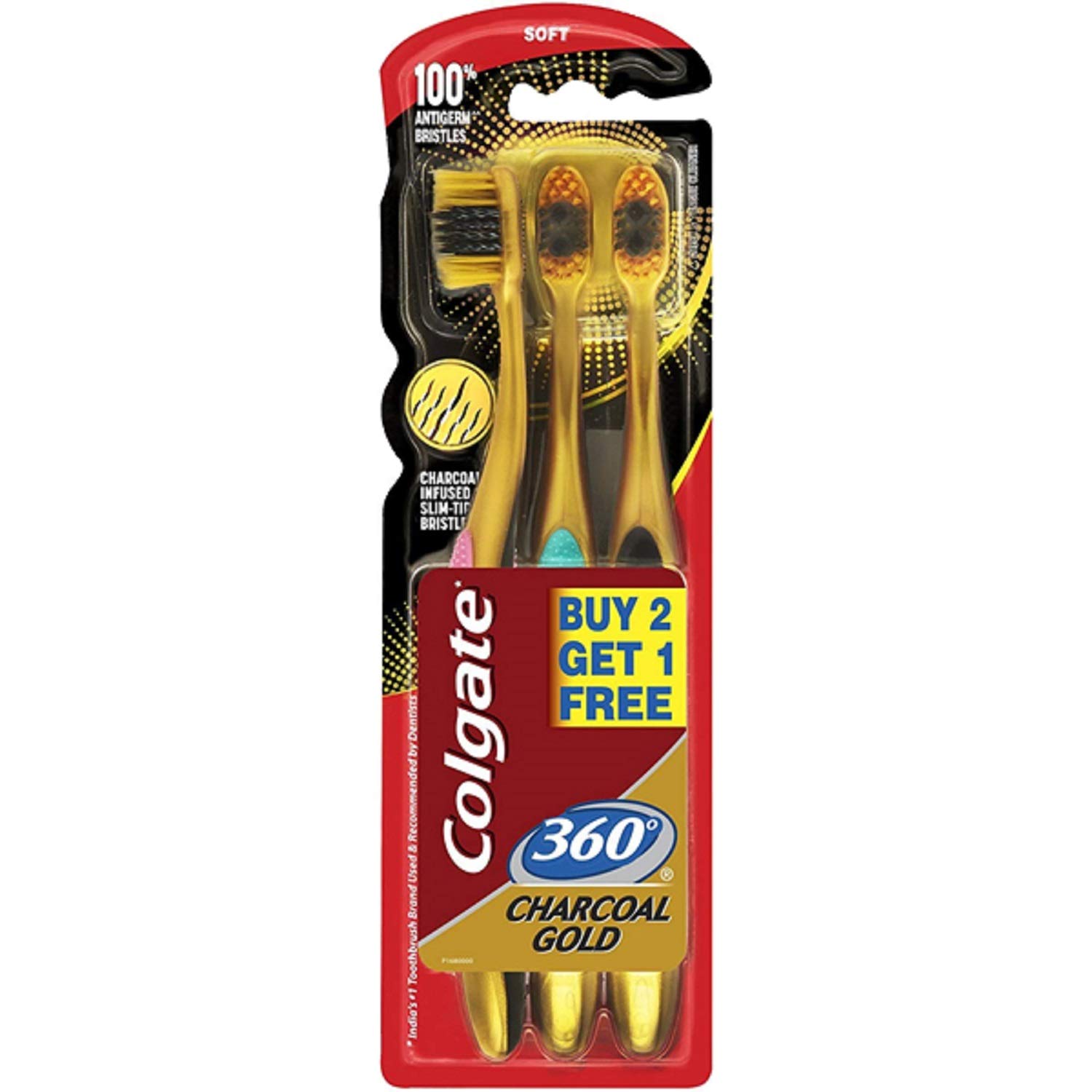 Colgate Toothbrush 360 Extra Soft Gold Charcoal Toothbrush Pack Of 3