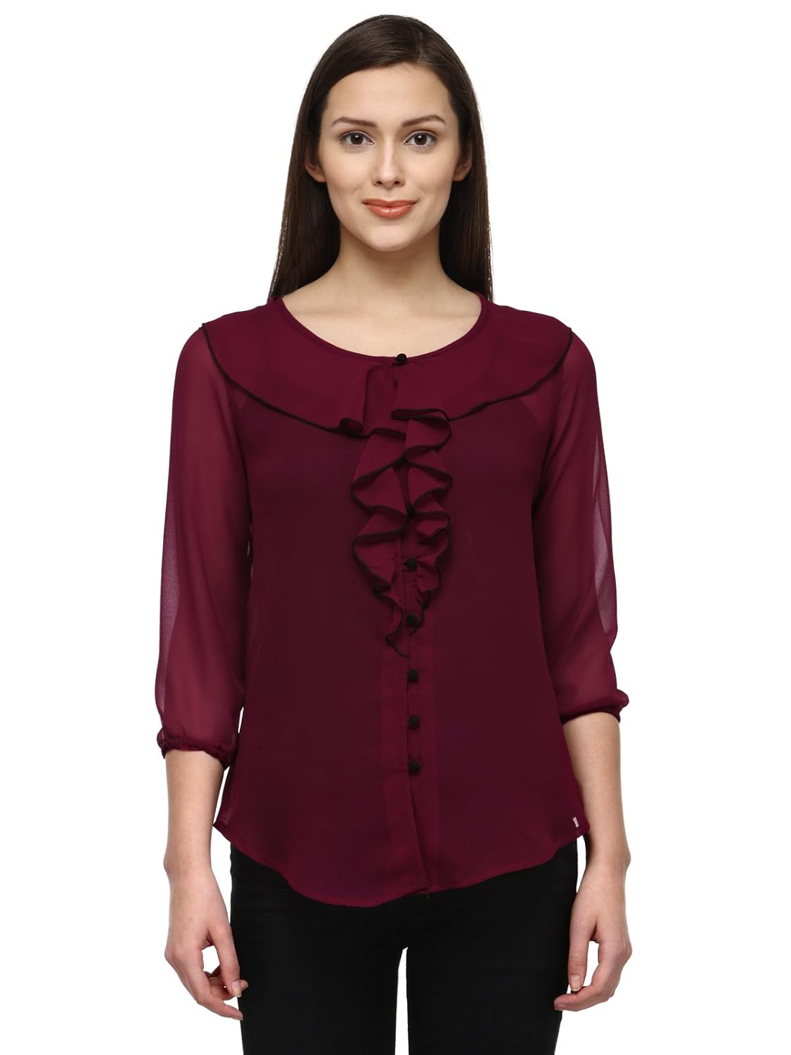 tunic nation women's wine 100% poly georgette frill top