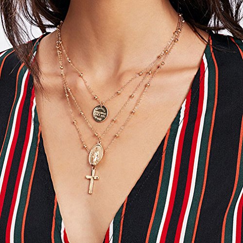 Dolland Bohemian Retro Carved Coin Bullion Virgin Mary Cross Pendant Clavicle Necklace Multi-Layer Bead Chain Necklace,Gold Coin