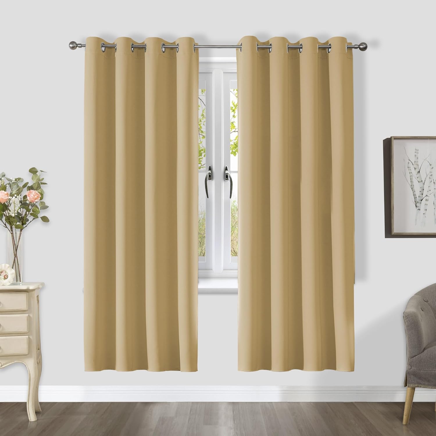 CUCRAF Blackout Curtains for Bedroom & Living Room, Beige Thermal Curtains, 69 Inch Drop, 2 Panels, Eyelet, Soundproof