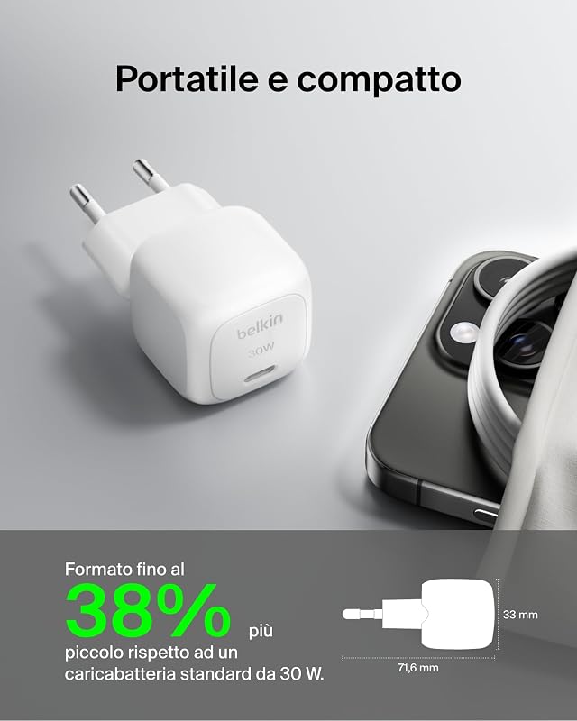 BoostCharge Caricabatteria da parete Compatto da 30W, Caricatore USB-C PD rapido da viaggio per Apple iPhone 17, Air, 16, Samsung Galaxy, iPad, AirPods, Tabletas, Pixel, Tablet e altro - Bianco