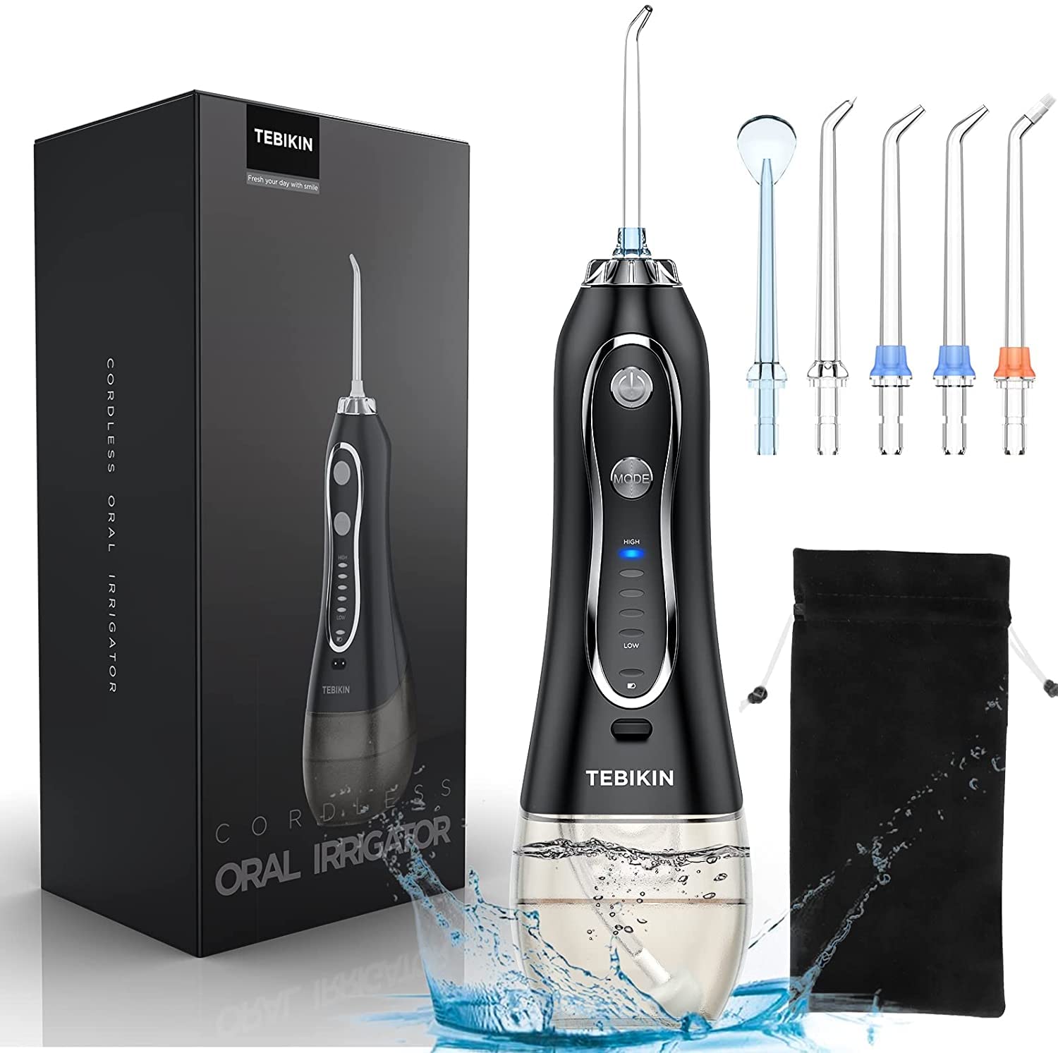 TEBIKIN Cordless Water Flosser, Portable Dental Professional Oral Irrigator with Gravity Ball, Powerful Travel Water Teeth Cleaner with 5 Levels 5 Tips IPX7 Waterproof, 300ML for Home, Travel, Black