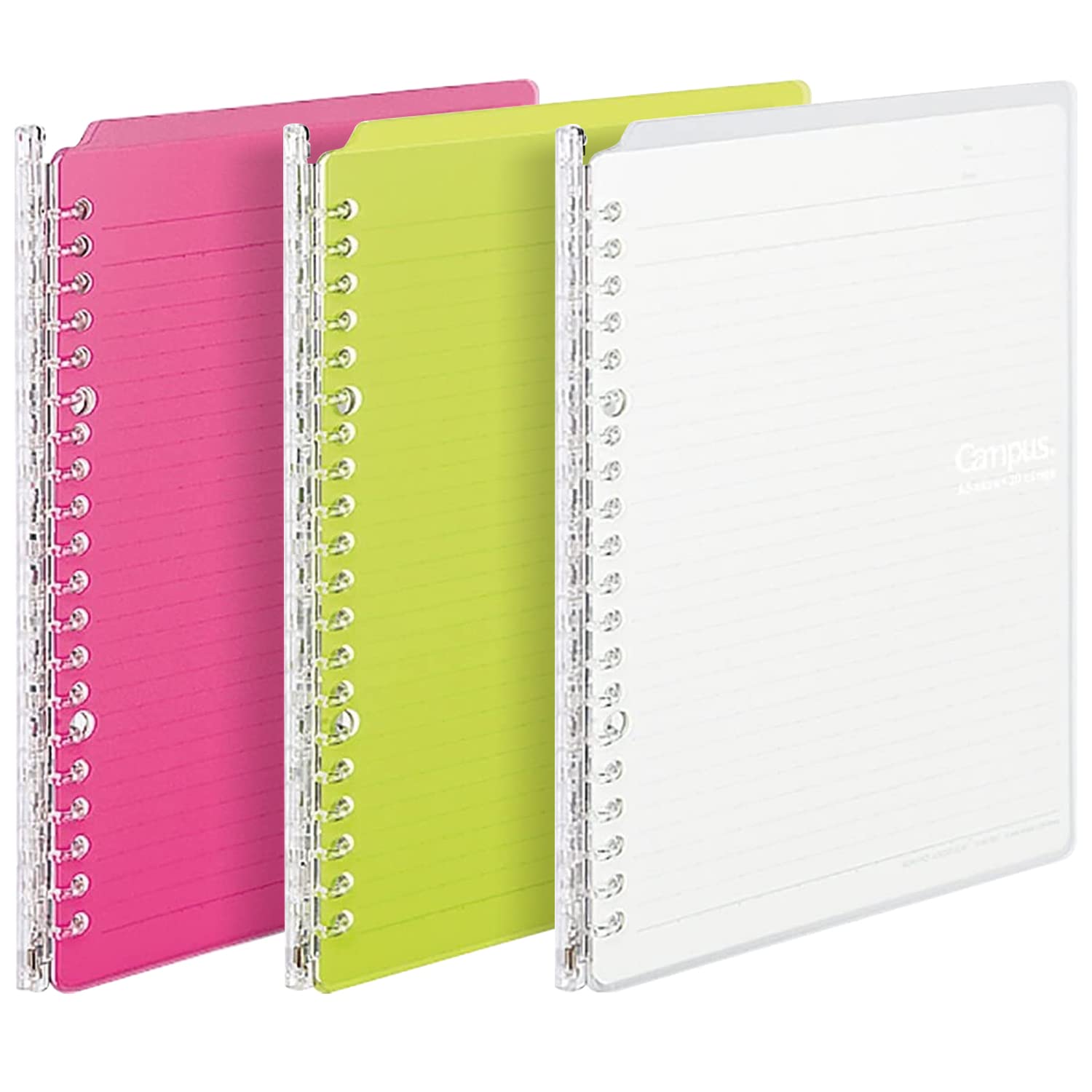Kokuyo Campus Easy-Carry Slim Binder "Smart-Ring" A5 20-Ring Set of 3 (Vivid Pink, Green & Clear, A5)