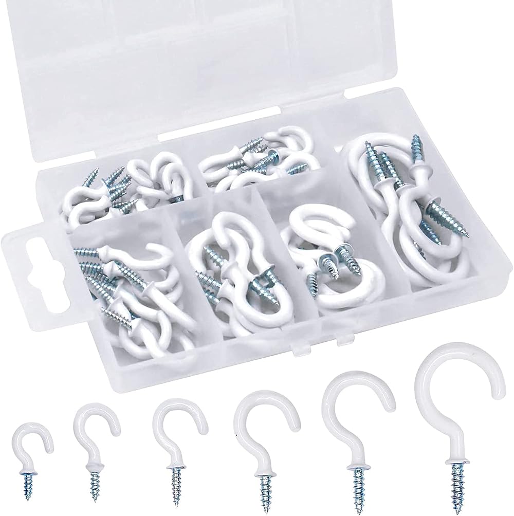 Tinsellns 70pcs White Screw In Eye Hooks Steel Plastic Coated Ceiling Hooks