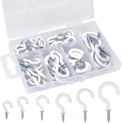 Tinsellns 70pcs White Screw In Eye Hooks Steel Plastic Coated Ceiling Hooks