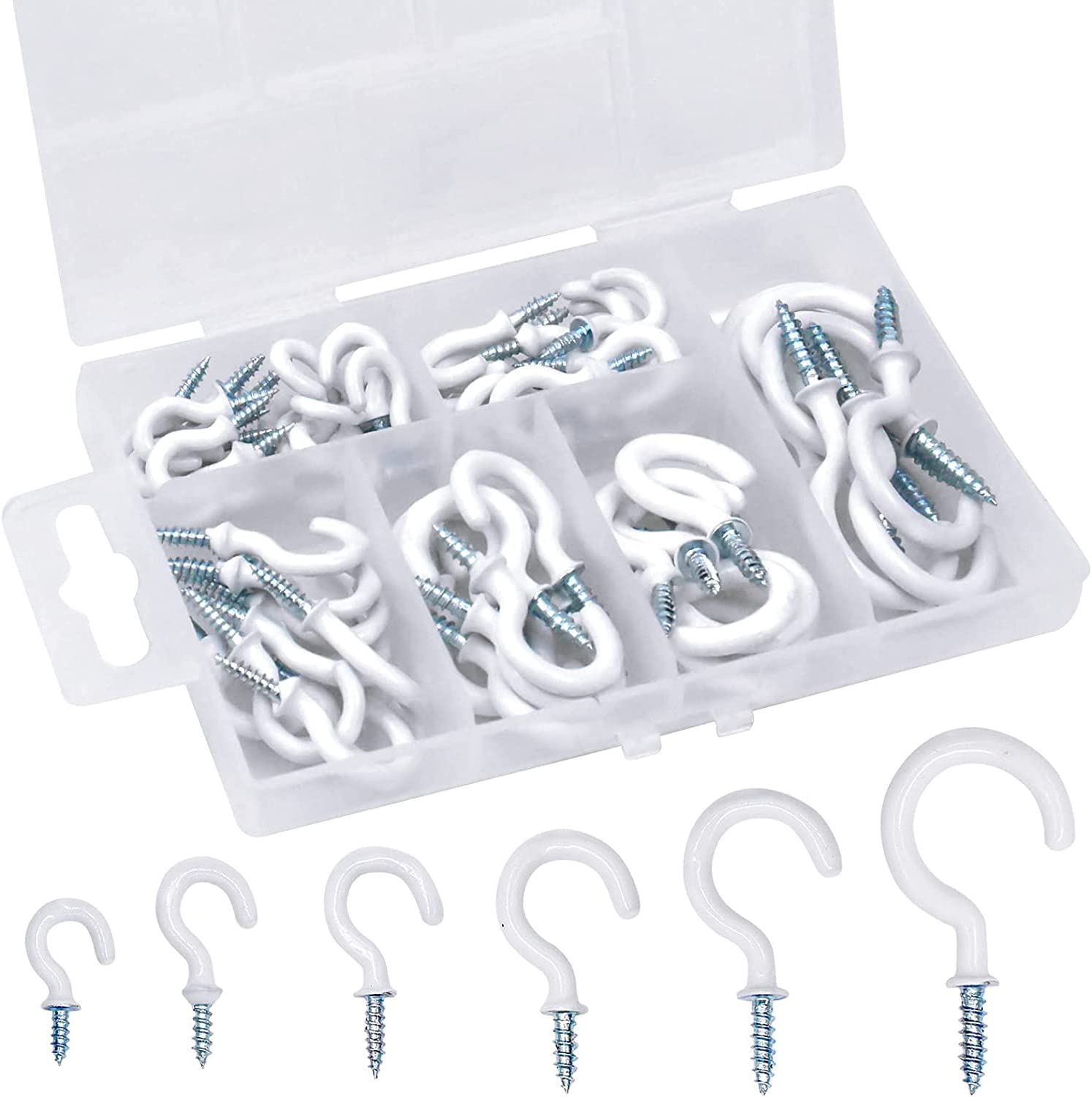 Tinsellns 70pcs Screw in Eye Hooks White Ceiling Hooks Hooks Steel Plastic Coated Ceiling Hooks for Under Cabinet Shelf Wall Hanging Mug Cup (04050)