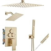 Aolemi Shower Faucet Set Ceiling Mount Shower System Rough-in Valve and Shower Trim Kit 2 in 1 Handheld Spray Push Button Diverter 10 and 6 Inch Dual Shower Head Brushed Gold