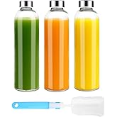 Luxfuel 32 oz Clear Glass Water Bottles with Lids, Reusable Glass Juice Bottles with Stainless Steel Cap for Juicing, Refrigerator, 100% Leak Proof, BPA Free, Gift Set of 3