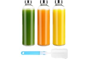 Luxfuel 32 oz Clear Glass Water Bottles with Lids, Reusable Glass Juice Bottles with Stainless Steel Cap for Juicing, Refrigerator, 100% Leak Proof, BPA Free, Gift Set of 3