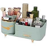 Zufudo Makeup Organizer Countertop with Drawer 360 Rotating Brush Holder Storage Large Capacity Skincare Cosmetic Display Cases for Vanity Bathroom Desktop, Model 3016 Green