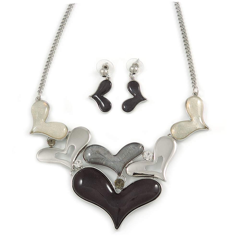 Avalaya Black/Grey/White Glass Crystal Heart Necklace and Drop Earrings Set/Silver Tone/42cm L/ 7cm Ext