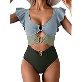B2prity Women One Piece Swimsuit Ruffle Sleeve V Neck Monokini Cutout Tummy Control Bathing Suit for Vacation