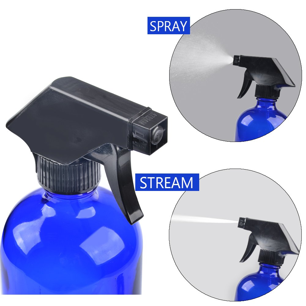 Two Blue Glass Spray Bottles with Black Trigger Sprayer.16 oz Refillable Bottle for Essential Oils,Cleaning Products,Aromatherapy,Organic Beauty Products.Stream and Spray Settings Available