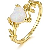 EVER FAITH 925 Sterling Silver Created Gemstone White Heart Opal Statement Rings, Dainty Gold Vine Leaf Wedding Promise Band Ring Anniversary Birthday Jewelry for Women Bride Size 6-8