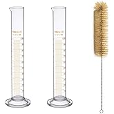 2 Pack 100 mL Glass Graduated Cylinder Measuring with Cleaning Brush | Single Metric Scale, Heavy-Duty Round Stems, Orange Graduations, Wide Rims, Tapered Pour Spouts, Dishwasher-Safe