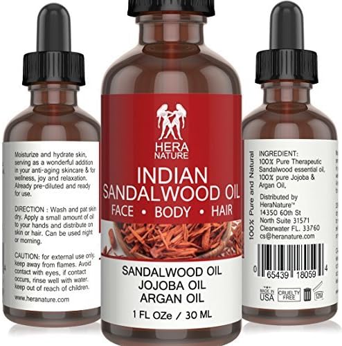 Indian Sandalwood Essential Oil in Jojoba & Argan Oil - 100% Pure - Therapeutic Grade - 30ml (1oz) by Hera Nature