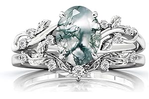 Natural Moss Agate Engagement Ring Set 925 Sterling Silver Rings for Her with Engraving Jewelry Gift Vintage Unique Bridal We