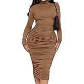 Ekaliy Women's Ruched Bodycon Midi Dress Mock Neck Long Sleeves Party Club Dresses
