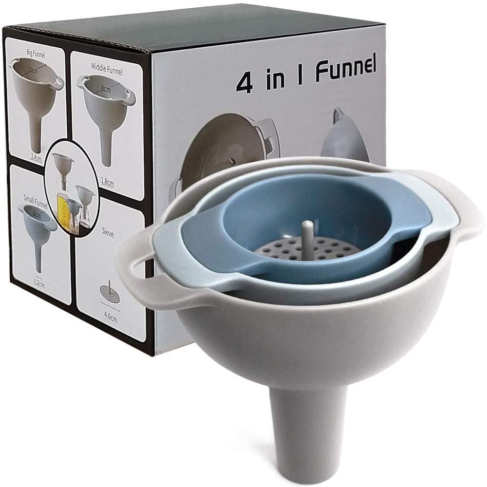 Starchef Kitchen Funnel Set-With Detachable Filter Strainer-3 Pack Hygienic Funnels for Transferring Liquid,Juice,Fluid,Powder,Seasoning,Beans-3 colors