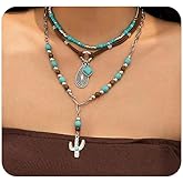 Quivox Boho Western Necklaces for Women Vintage Turquoise Beaded Layered Necklaces Cow Head Cactus Pendant Necklace Set Cowboy Cowgirl Jewelry Accessories