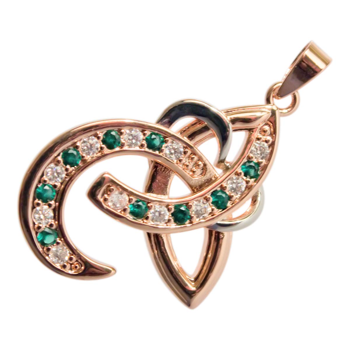 GWG Jewellery 18K Rose Gold Coated Celtic Trinity Knot Adorned with Emerald Green Stones and White Gold Coated Heart 2 Tone Pendant Necklace in Gift Box for Women