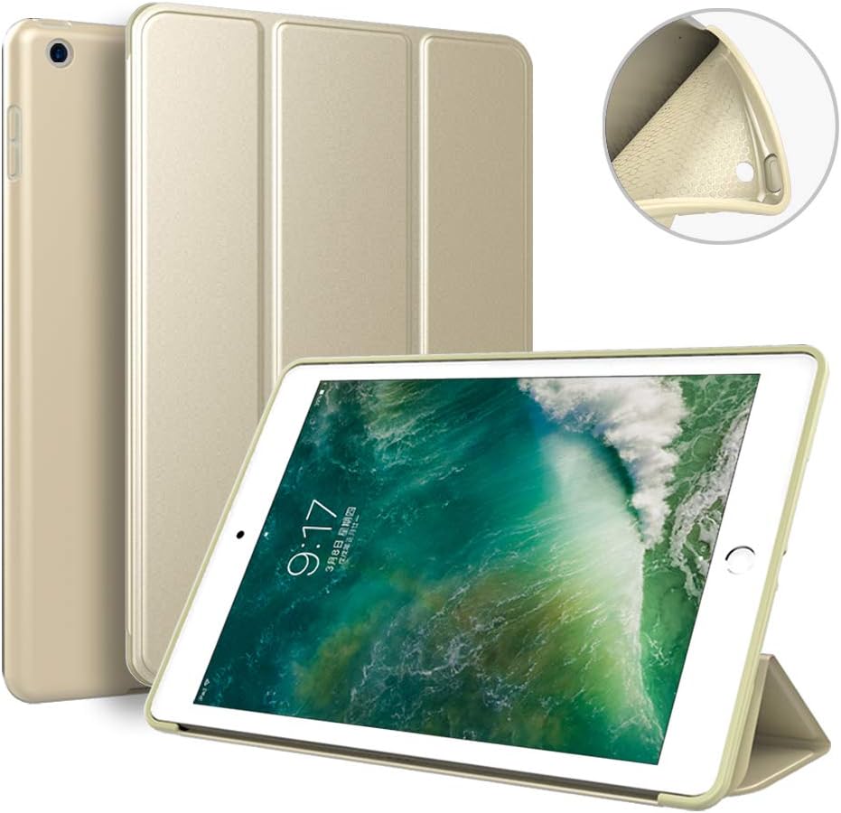 Aoub Case for iPad 6th/5th Generation 2018/2017 9.7 inch, Trifold Stand Ultra Leightweight Soft TPU Smart Cover with Auto Wake/Sleep for Apple iPad Model A1893/A1954, A1822/A1823, Gold
