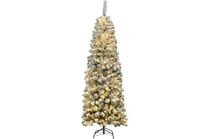 Goplus 6ft Artificial Snow Flocked Christmas Tree, Pre-Lit Hinged Pencil Tree with 250 LED Lights and Metal Stand, Slim Xmas Tree for Holiday Decor