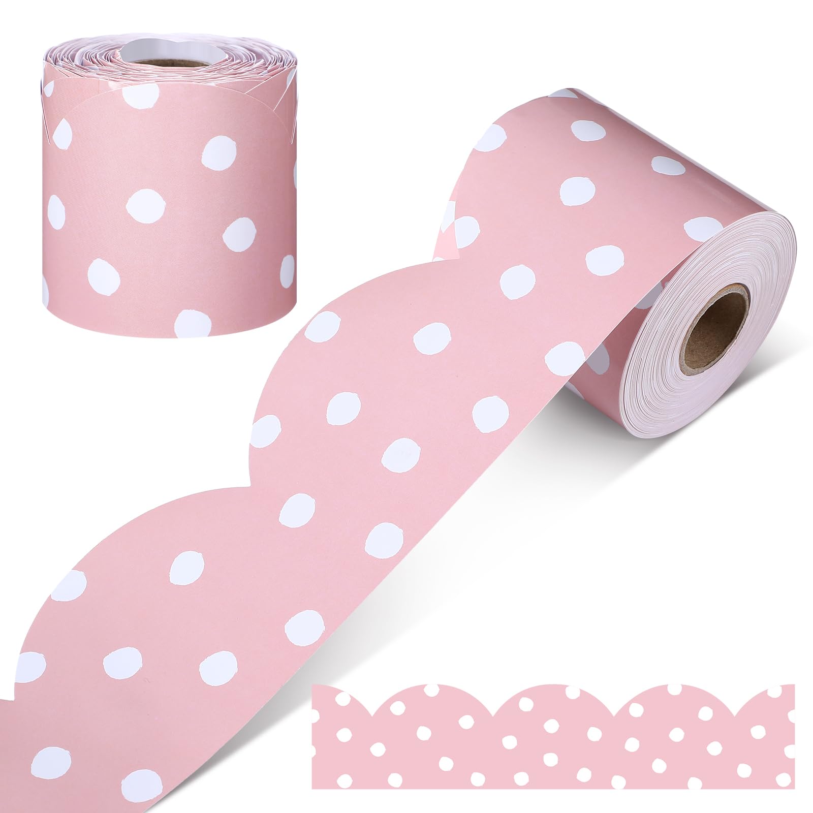 Photo 1 of Zonon 65.6ft White Polka Dots Pink Bulletin Board Border Scalloped Classroom Posterboard Border Trim Decor for School Classroom Bulletin Board, Chalkboard, Home Office Decoration