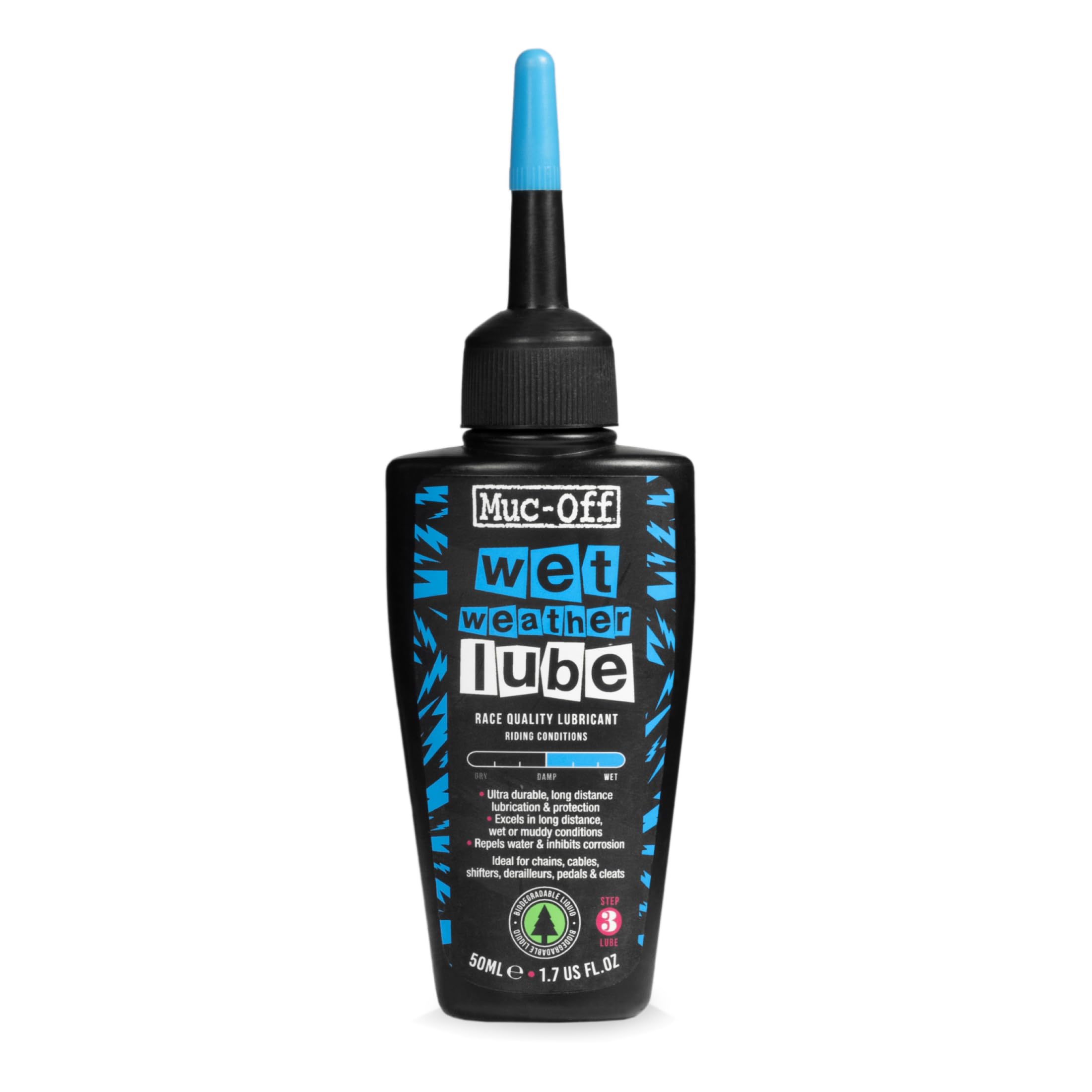Muc-Off Wet Chain Lube - Ultra Durable Biodegradable Bike Chain Oil - Repels Water for Wet and Muddy Rides - Silky Shifting for MTB, Road & Cyclocross - 50ml