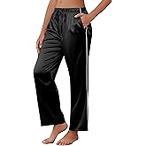 Ekouaer Womens Silk Satin Pajama Pants Soft Comfy Loose Pj Pants Drawstring Elastic Waist Wide Leg Lounge Bottom with Pockets