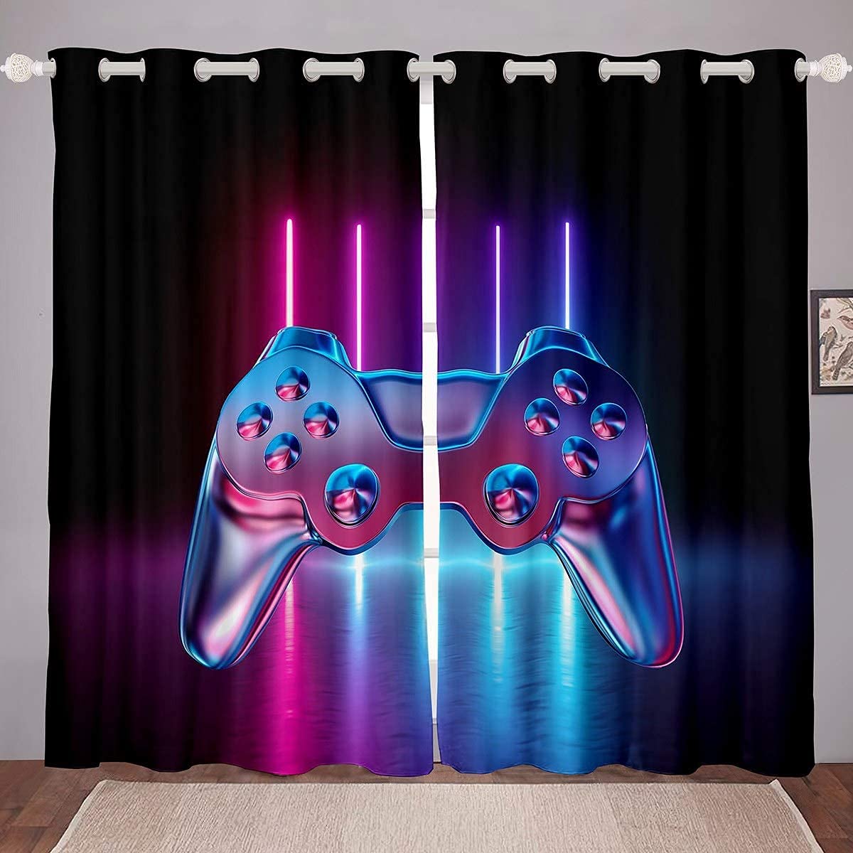 Homemissing Boys Game Curtains For Bedroom Living Room Gradient Neon Gamepad Curtains For Kids Teens Video Game Gamepad Windows Drapes Novelty Controller,W66*L72