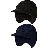 Simlakey 2 Pcs Winter Hats with Brim and Ear Flap Fleece Winter Beanie Hat Outdoor Warm Lined Knit Hat for Men Women