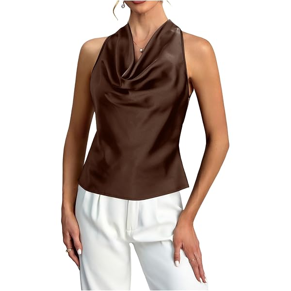 MakeMeChic Women's Draped Cowl Neck Tops Satin Tank Tops Silk