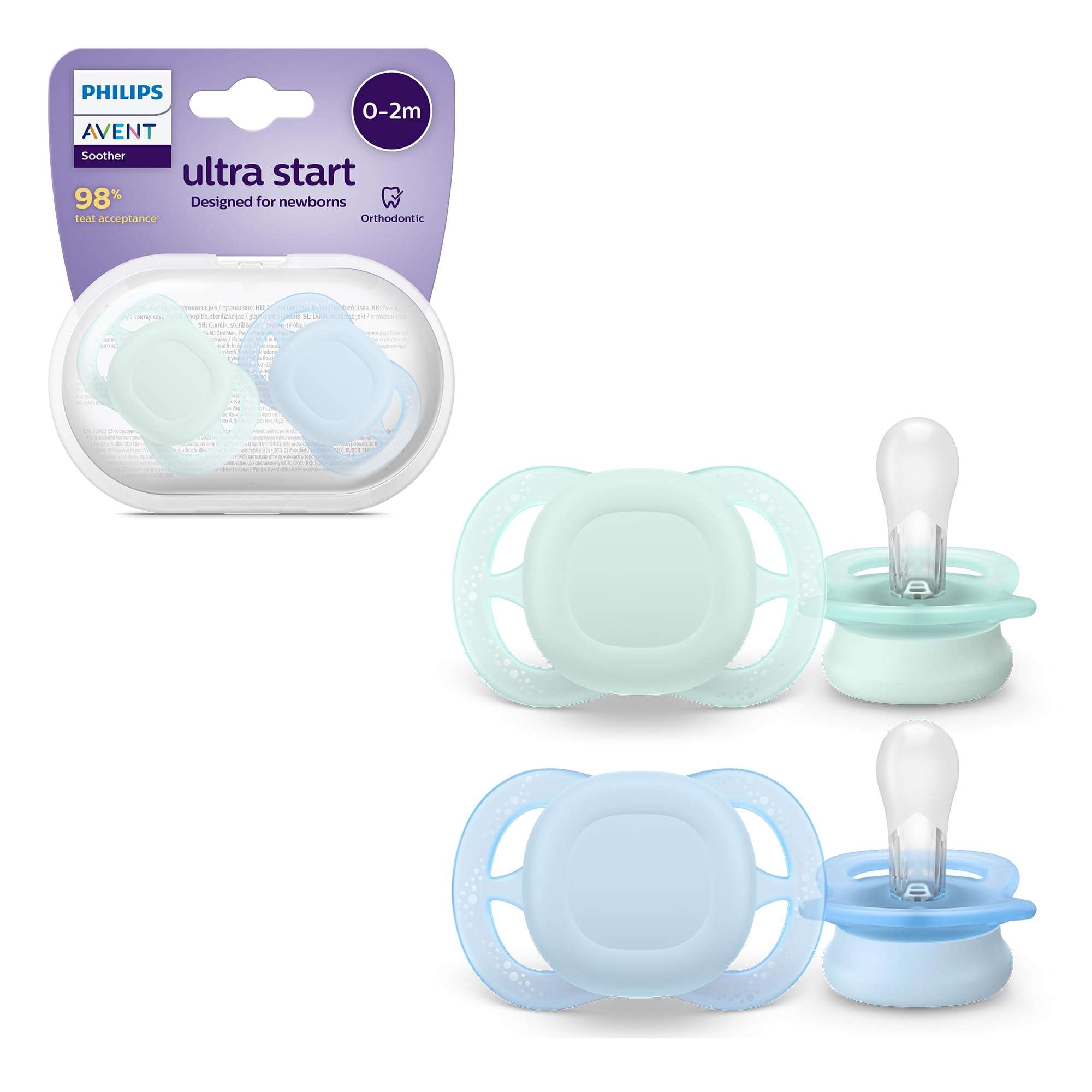 Philips Avent Ultra Start Soothers, Orthodontic Dummies Designed for Newborns, Silicone Symmetrical Teat, BPA Free, with Sterilising/Carrying Case, 2 Pack, Model SCF075/02