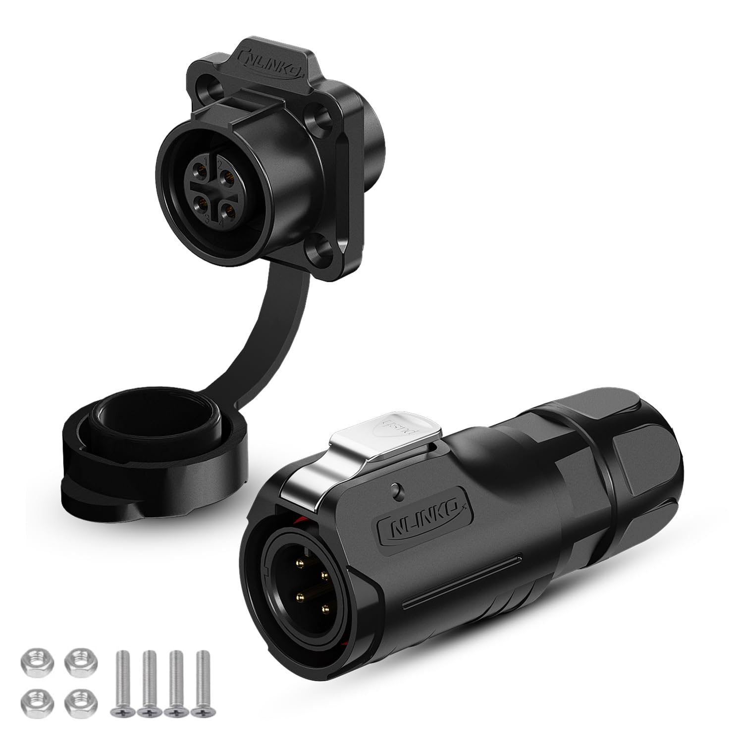 CNLINKO LP-12 Industrial Waterproof Connector IP68 Circular Connector Quick Plugging Aviation Connector PBT Plastic Shell Connector Fast Release Connector M12 2-8 Pin Flange Socket (4 Pin)