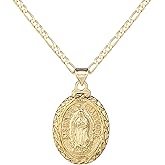 SAELACY 18K Gold Plated Virgin Mary Guadalupe Pendant Necklace for Women Men 3mm Flat Figaro Chain Necklace 18/22 inches