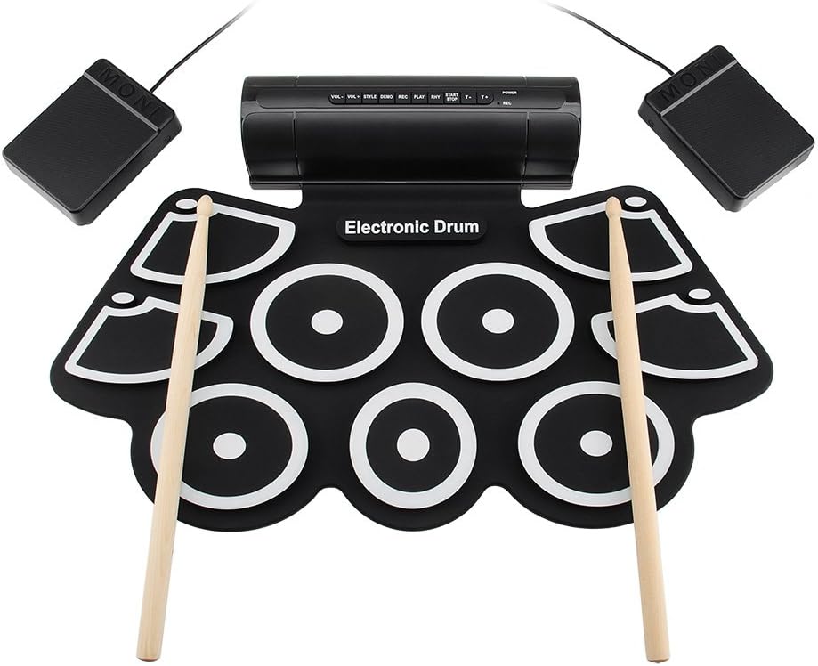 Vangoa - Portable MD760 Roll up Electronic MIDI Drum Set Kits 9 Pads Built-in Speakers, Foot Pedals, Drumsticks, USB Cable for Practice