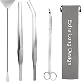 Liveek 15" Aquarium Aquascape Tools Kit 4P Stainless Steel Aquascaping Set | 4in1 Extra Long Full Metal Design, Scissors, 2P Tweezers And Sand Spatula, For Trimming Plants, Arranging Sand And Aquascape