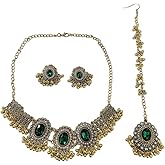 Ethnic Indian Jhumka Tassel Oval Rhinestones Choker Necklace Earrings Maang Tikka 3PCS Set Oxidized Bohemian Traditional Jhumki Crystal Retro Bollywood Statement Gypsy Wedding Bridal Jewelry for Women