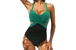 Women One Piece Swimsuit Halter Wrap V Neck Cutout High Waisted Monokini Tummy Control Bathing Suit Slimming Swimwear
