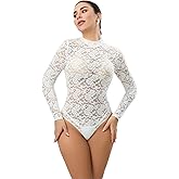 RARITYUS Women's See Through Floral Lace Long Sleeve Bodysuit Sexy Mock Neck Thong Bodysuit Tops Shirts Jumpsuit
