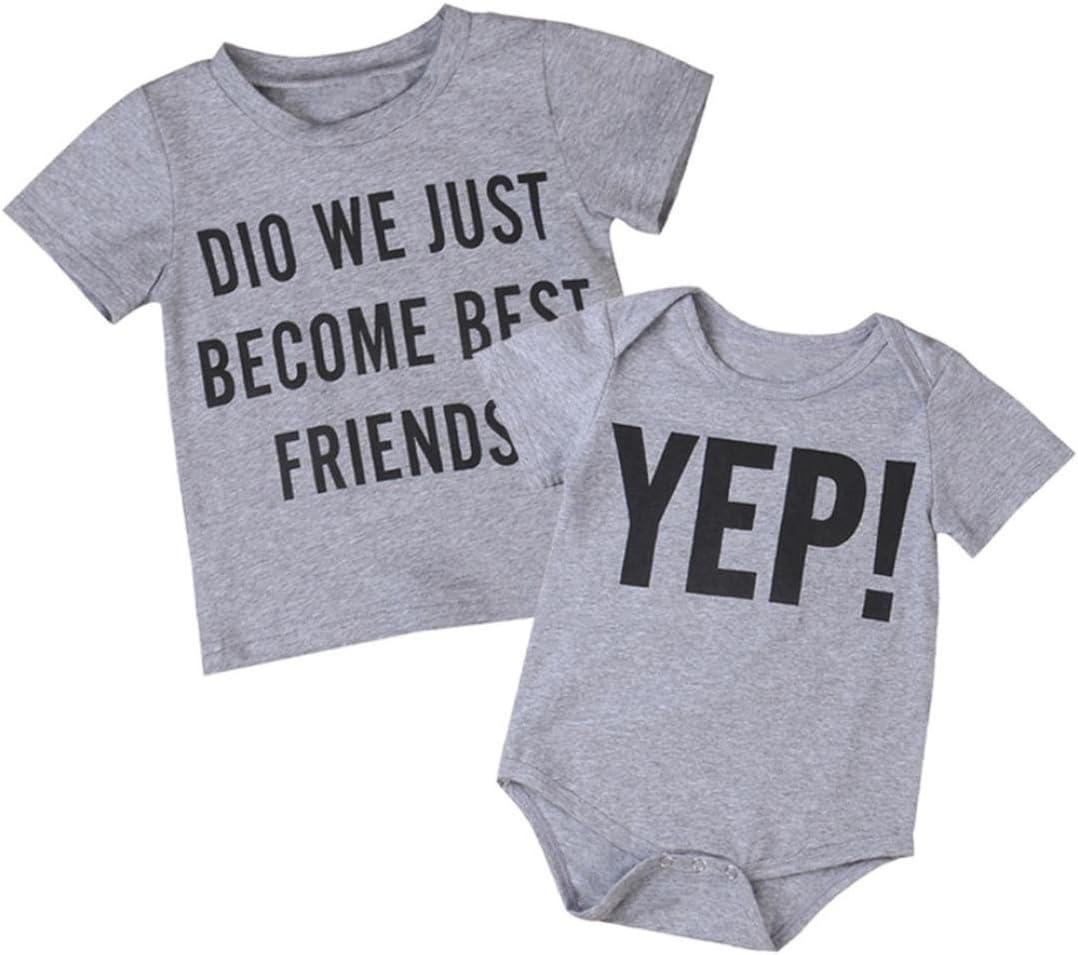 BURFLY Baby Boys Brother Matching Clothes, Brother & Me Letter T Shirts/Rompers, Cute Summer Short Sleeve Toddler Kids Tops Outfits