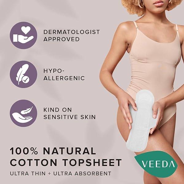 VEEDA NATURAL COTTON NIGHT PADS FOR WOMEN – OVERNIGHT HEAVY FLOW ABSORBENT ULTRA-THIN FEMININE PAD – HYPOALLERGENIC PERIOD PADS WITH WINGS – UNSCENTED & CHLORINE FREE SANITARY NAPKINS – 36 COUNT