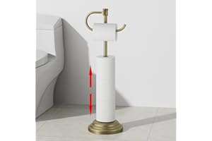 RUMOSE Toilet Paper Holder Stand for Floor, Antique Brass Bathroom Free Standing Toilet Tissue Roll Holder with Storage, Adju